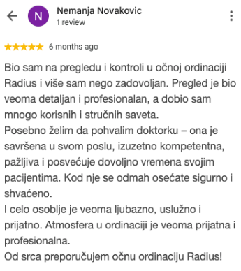 Google recenzija - Nemanja Novaković, 5 zvezdica: pregled detaljan i profesionalan, doktorka posvećena pacijentima