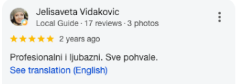Google recenzija - Jelisaveta Vidaković, 5 zvezdica: profesionalni i ljubazni